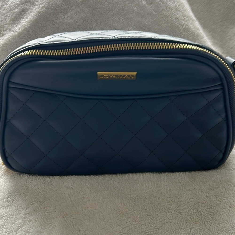 Joy&iman clutch purse, blue leather with gold zipper